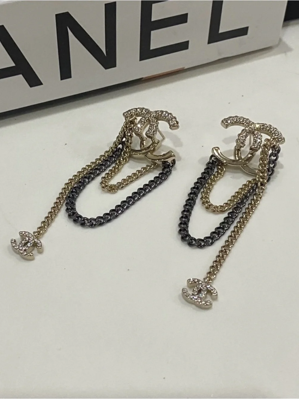 Double C Crystal Drop Chain in Black and Gold Crystal Embellished Logo Earrings